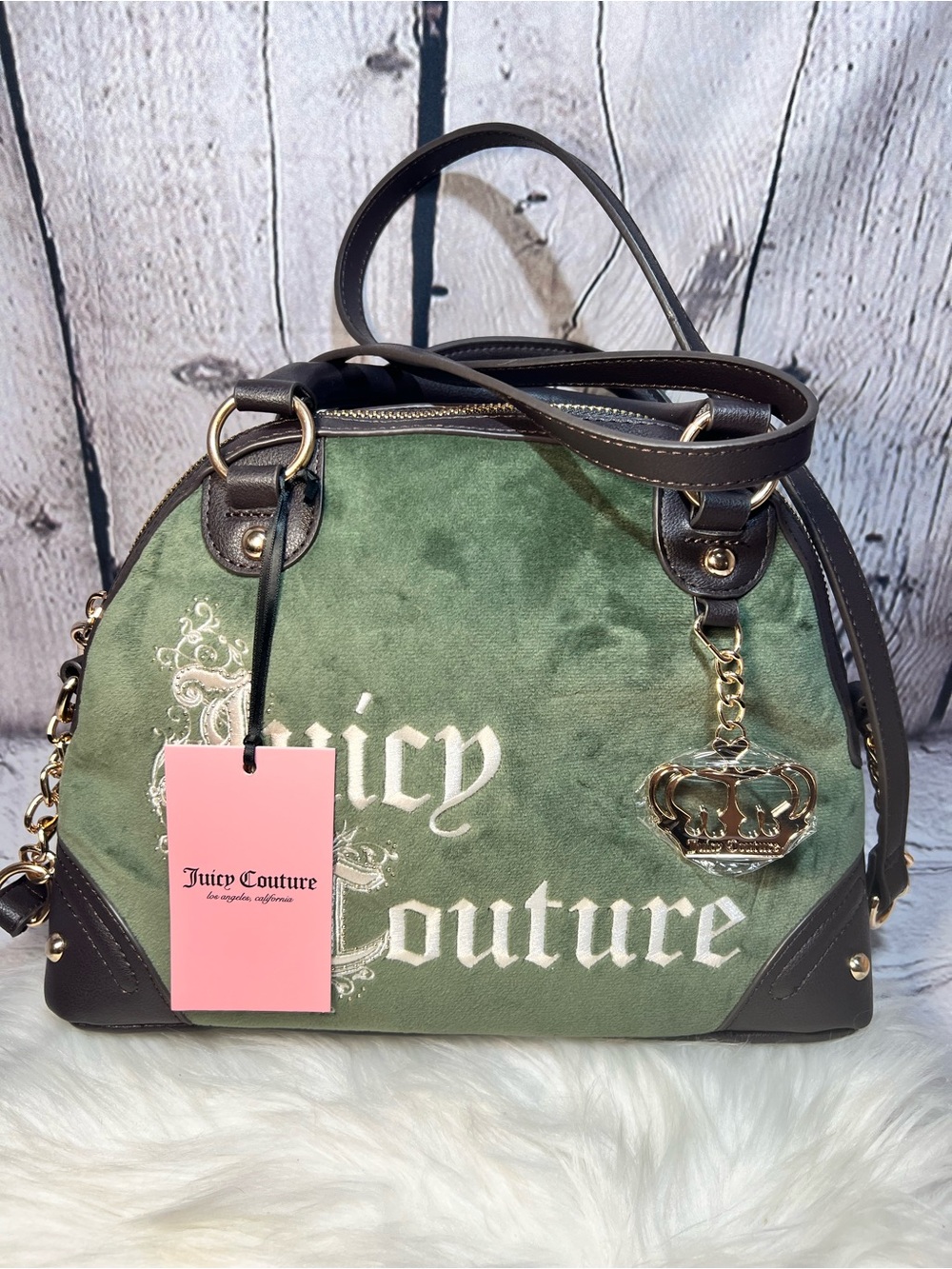 Juicy Couture Green Velvet Satchel with Brown Trim & Gold Charm